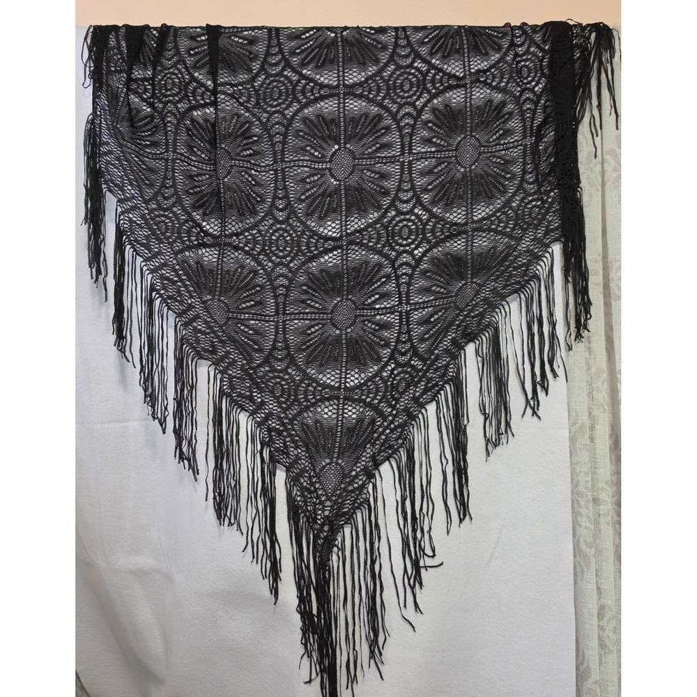 Black Lace Triangle Shawl Fringe Medallion Floral Sheer Wrap Boho Festival